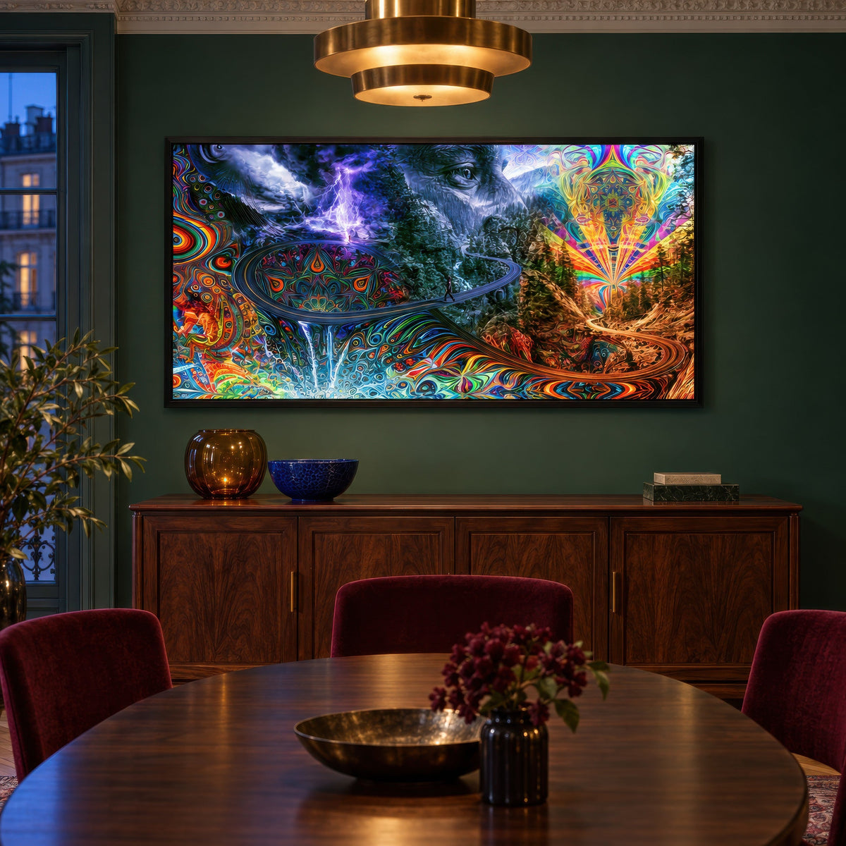 The Mountain's Eye psychedelic wall art in a dining room