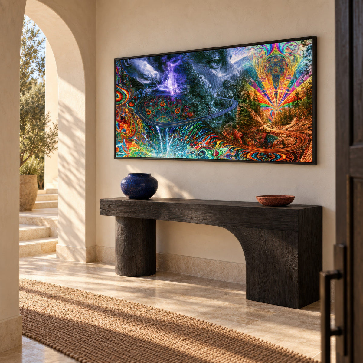 The Mountain's Eye psychedelic wall art in an entryway