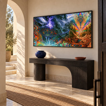 The Mountain's Eye psychedelic wall art in an entryway
