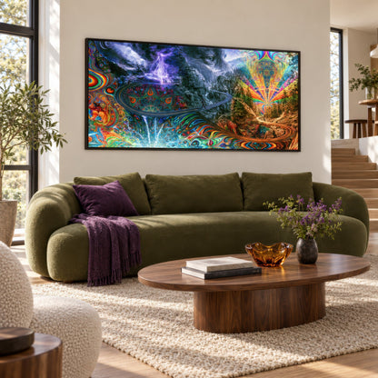 The Mountain's Eye psychedelic wall art in a living room