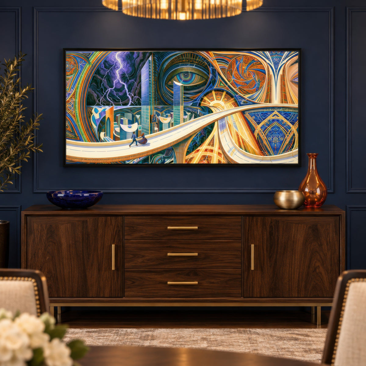 Skyline Between Storms psychedelic wall art in a dining room