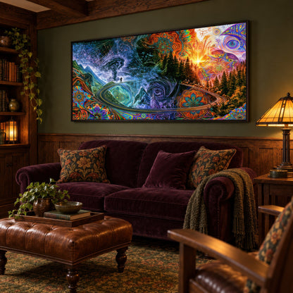 Tornado Ridge psychedelic wall art in a den