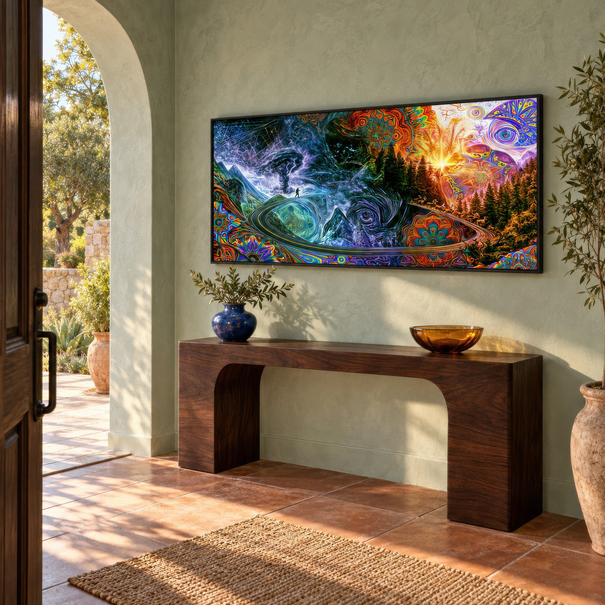 Tornado Ridge psychedelic wall art in an entryway