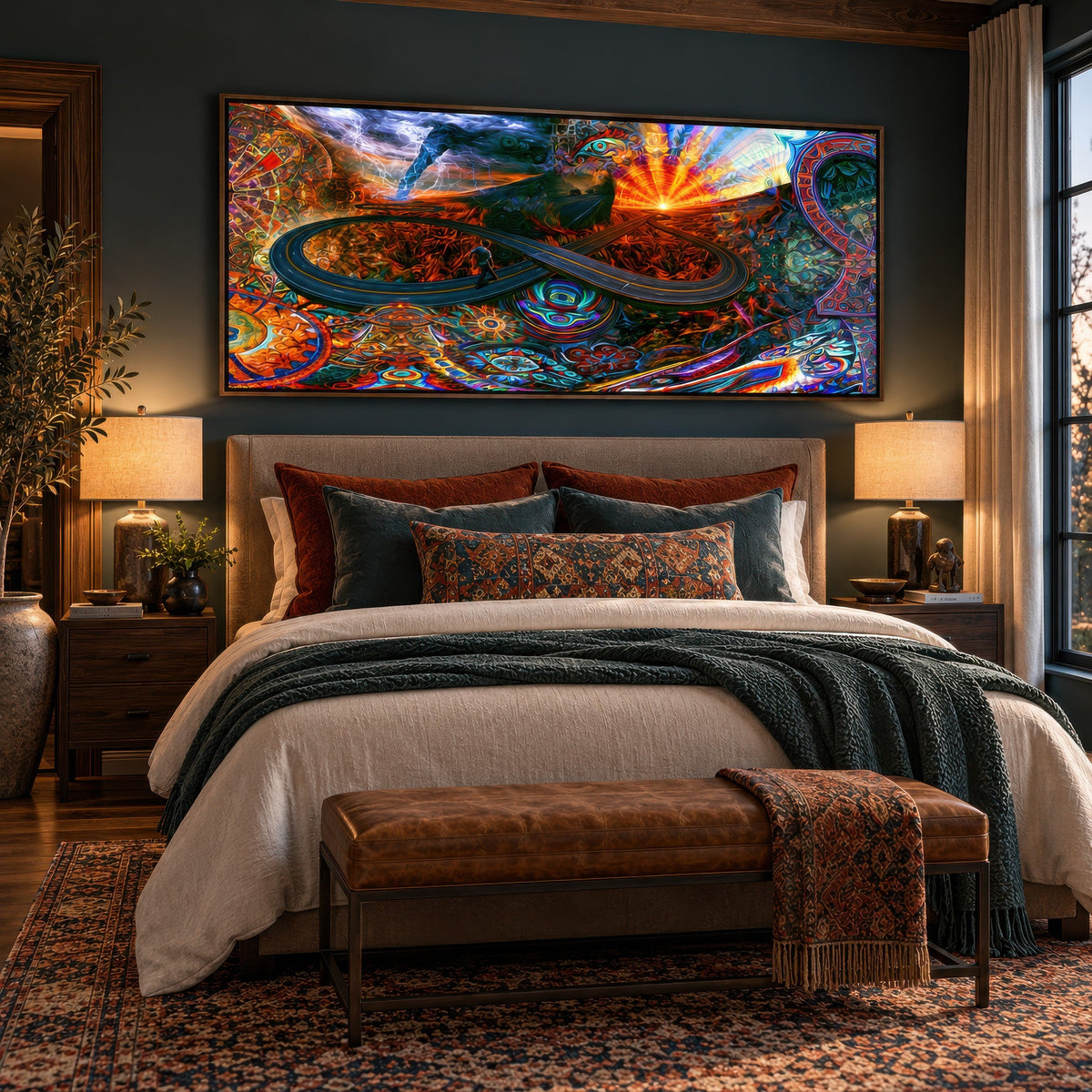 Fire Road Infinity psychedelic wall art in a bedroom