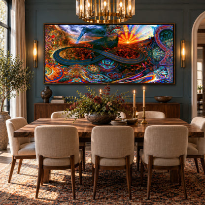 Fire Road Infinity psychedelic wall art in a dining room