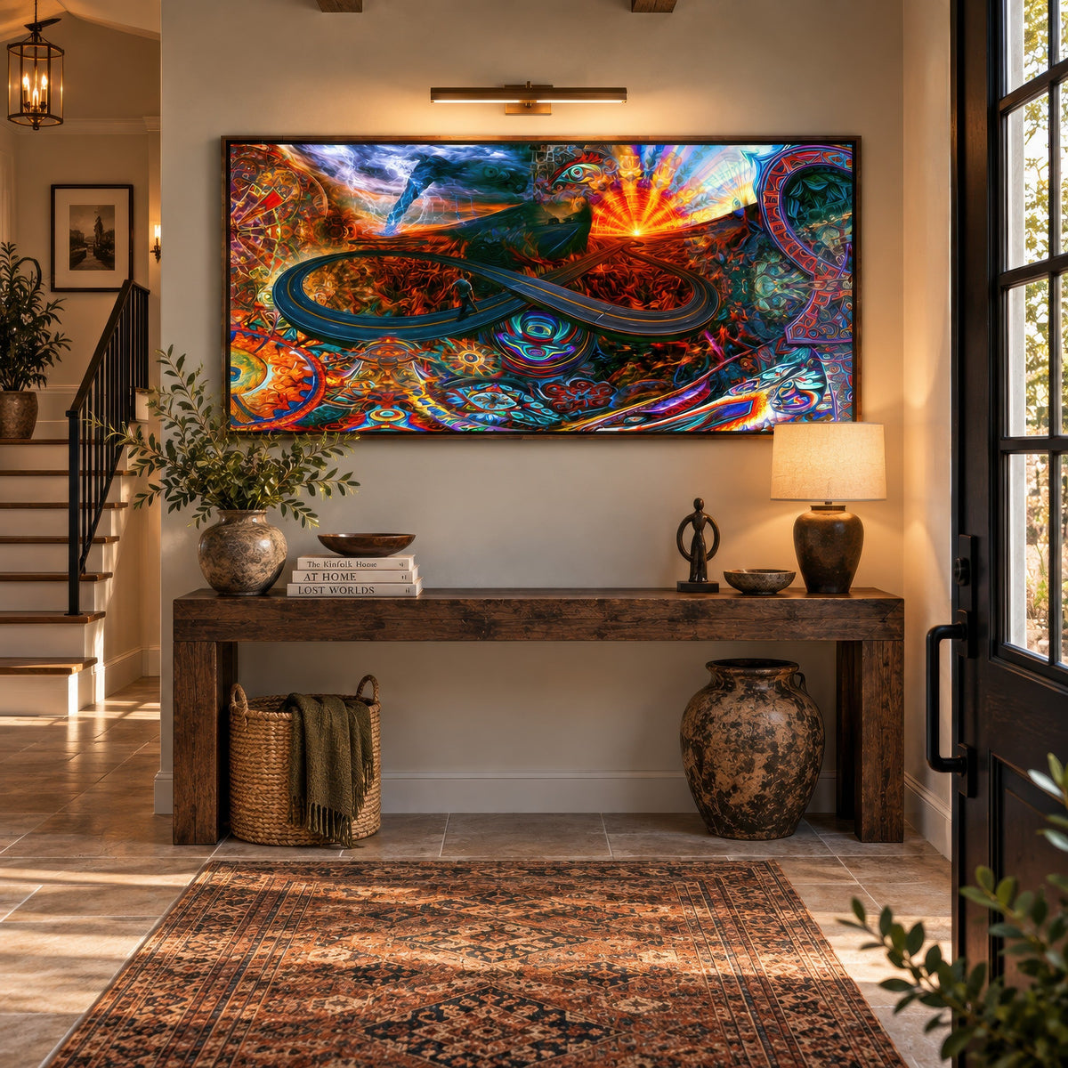 Fire Road Infinity psychedelic wall art in an entryway