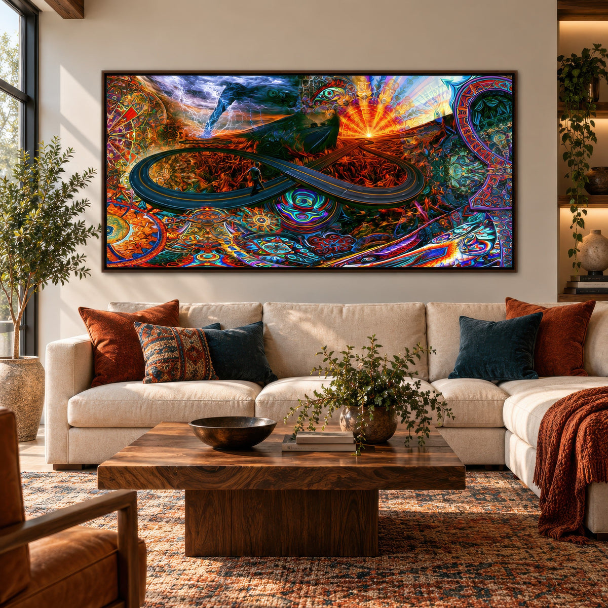 Fire Road Infinity psychedelic wall art in a living room