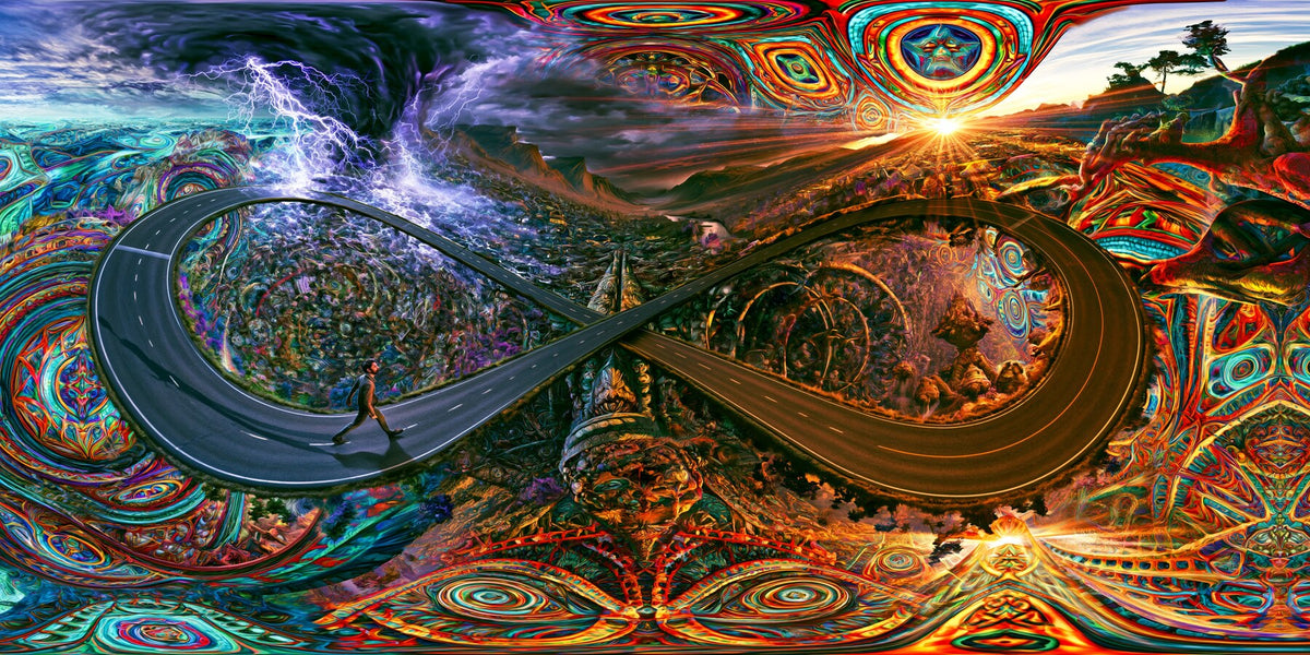 Storm to Sunset Infinity Road wall art print staged in a room