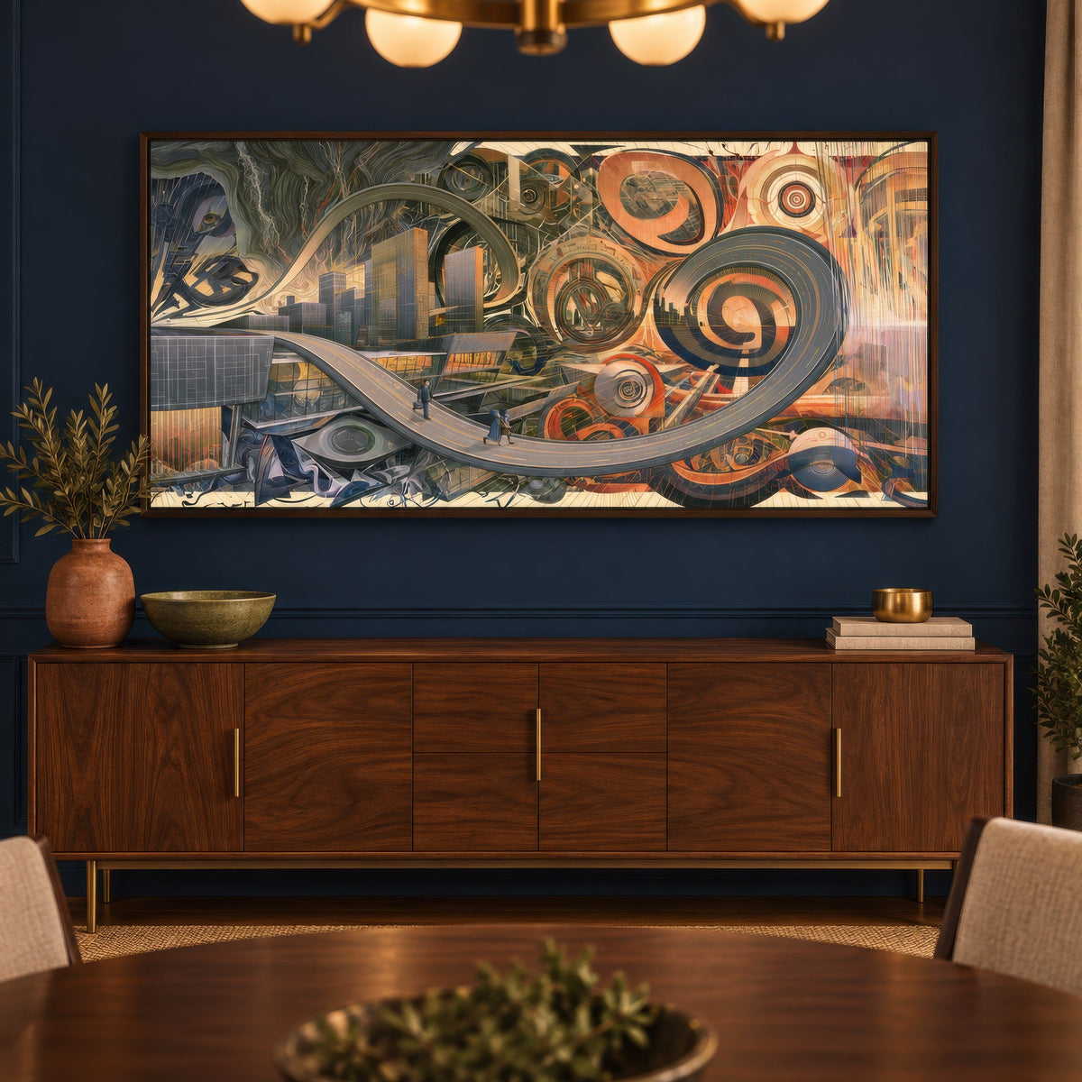 Gears of the City Loop psychedelic wall art in a dining room