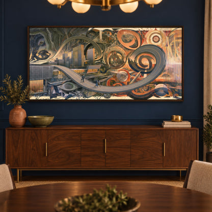 Gears of the City Loop psychedelic wall art in a dining room