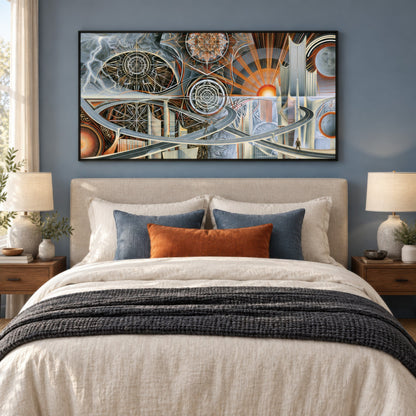 Sunrise Over the Interchange psychedelic wall art in a bedroom