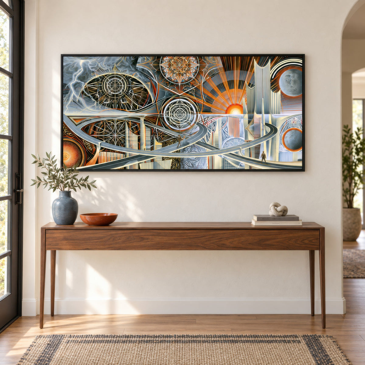 Sunrise Over the Interchange psychedelic wall art in an entryway