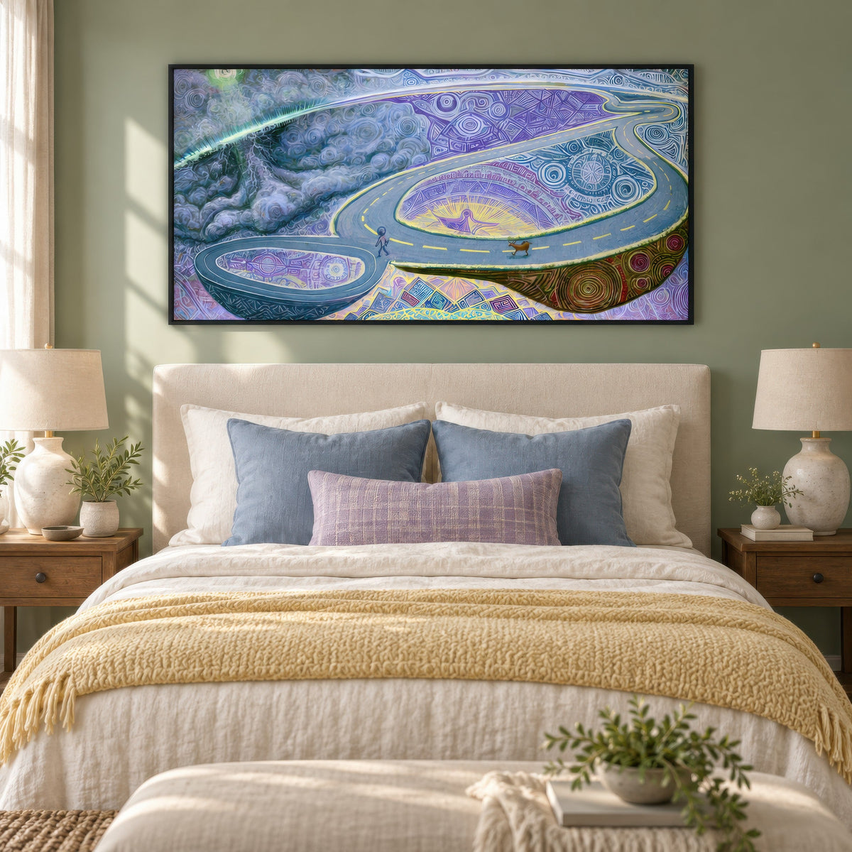 The Wanderer's Loop psychedelic wall art in a bedroom