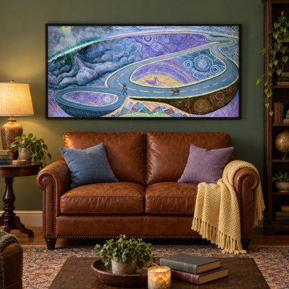 The Wanderer's Loop psychedelic wall art in a den