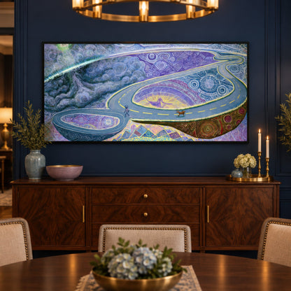 The Wanderer's Loop psychedelic wall art in a dining room