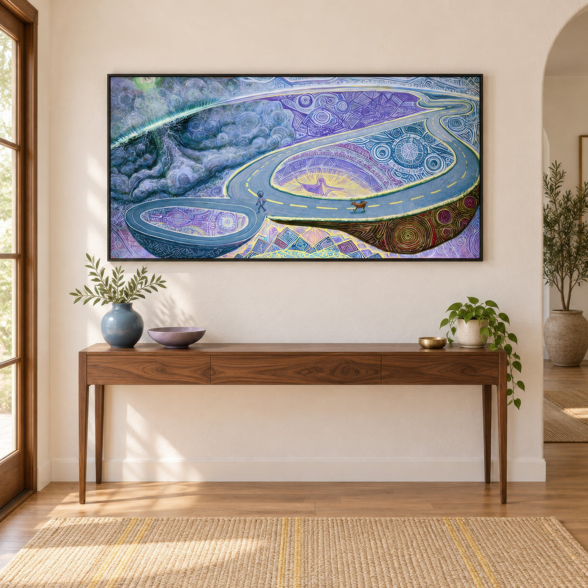The Wanderer's Loop psychedelic wall art in an entryway
