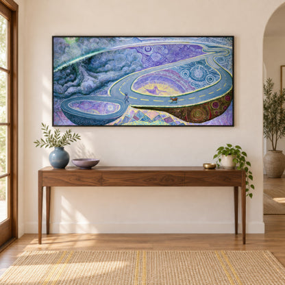 The Wanderer's Loop psychedelic wall art in an entryway