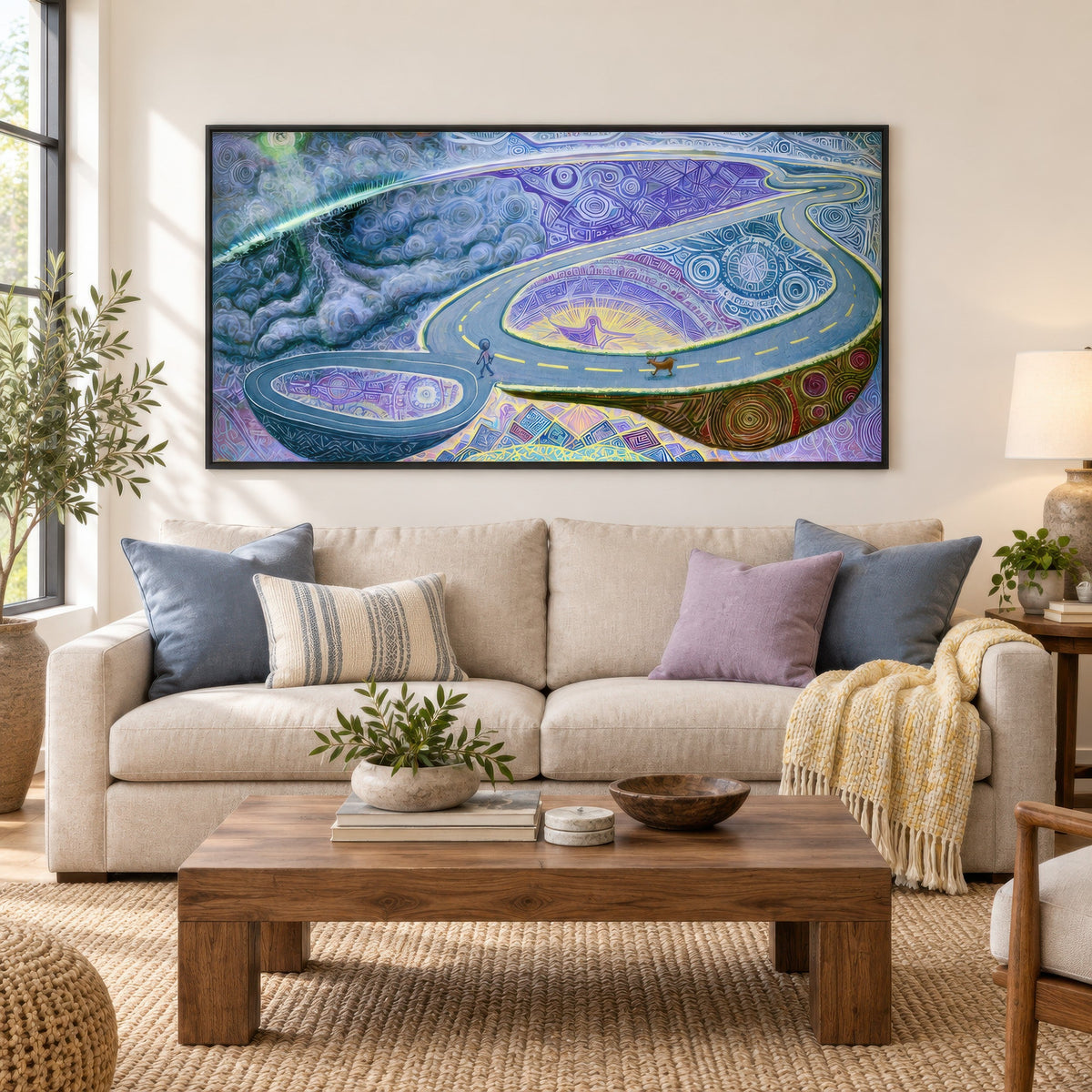 The Wanderer's Loop psychedelic wall art in a living room