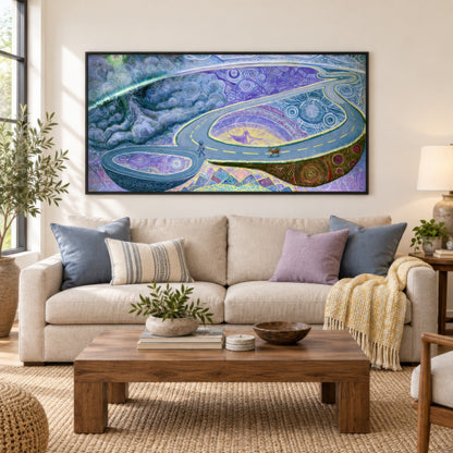 The Wanderer's Loop psychedelic wall art in a living room