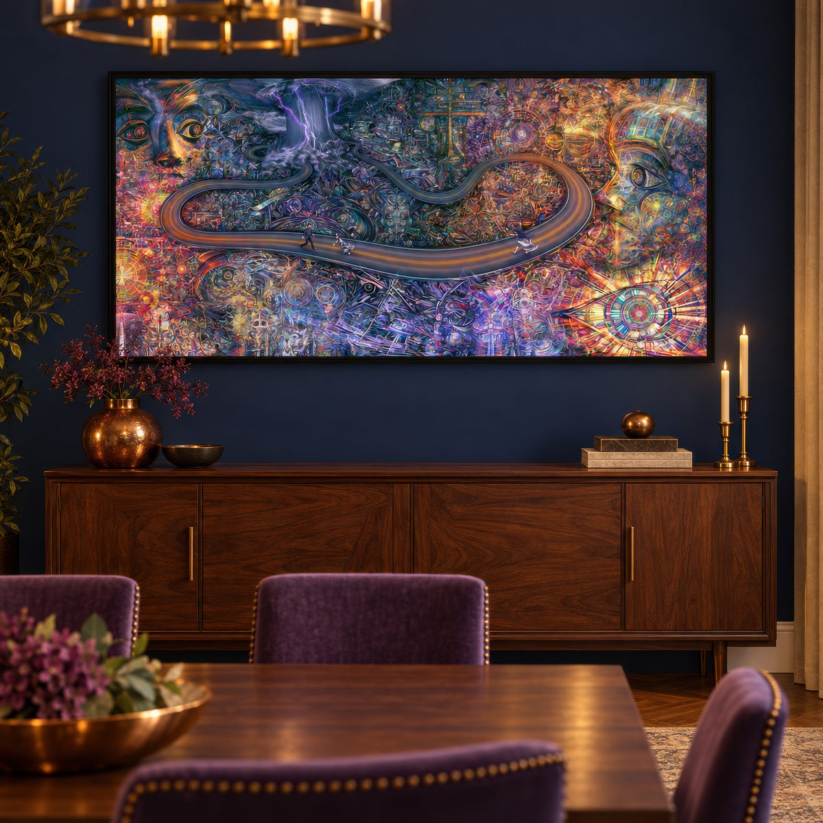 Pathway of a Thousand Eyes psychedelic wall art in a dining room