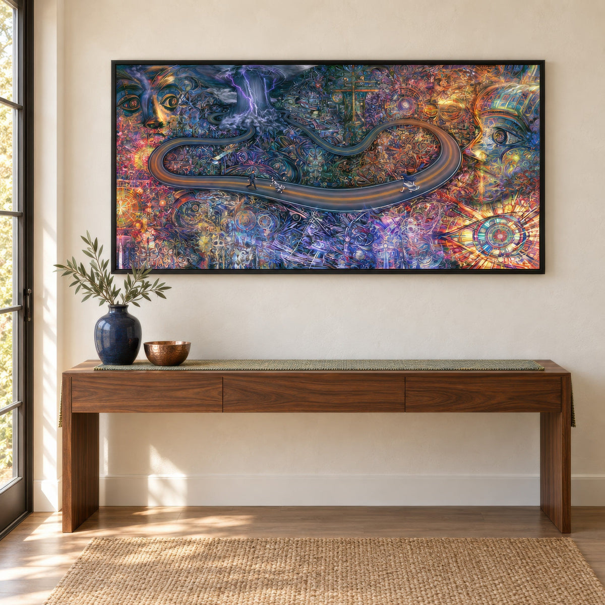 Pathway of a Thousand Eyes psychedelic wall art in an entryway
