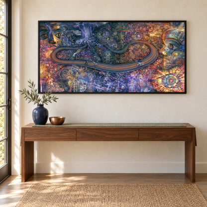 Pathway of a Thousand Eyes psychedelic wall art in an entryway
