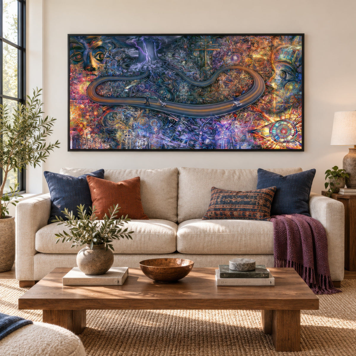 Pathway of a Thousand Eyes psychedelic wall art in a living room