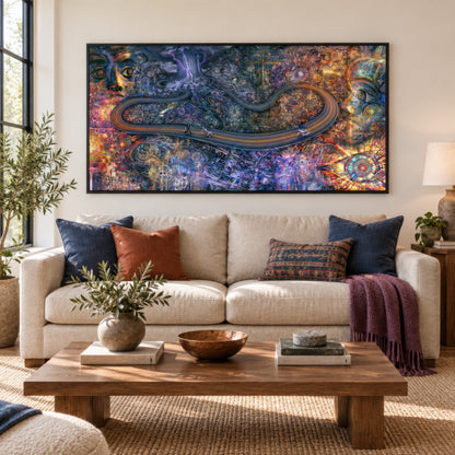 Pathway of a Thousand Eyes psychedelic wall art in a living room