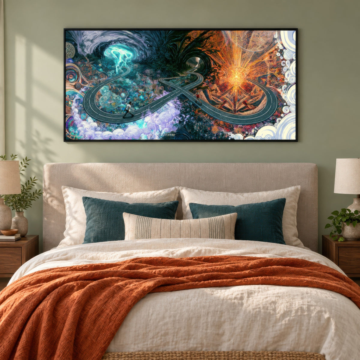 Infinity at the Crossroads psychedelic wall art in a bedroom
