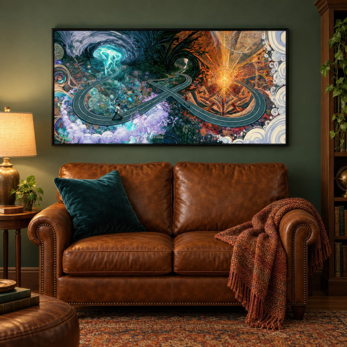 Infinity at the Crossroads psychedelic wall art in a den