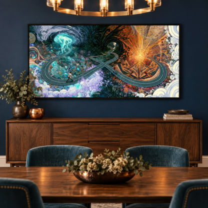 Infinity at the Crossroads psychedelic wall art in a dining room