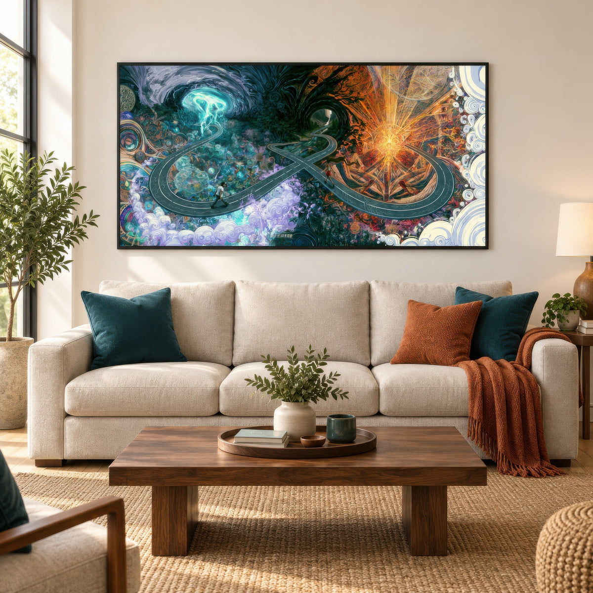 Infinity at the Crossroads psychedelic wall art in a living room