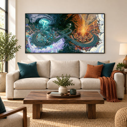 Infinity at the Crossroads psychedelic wall art in a living room