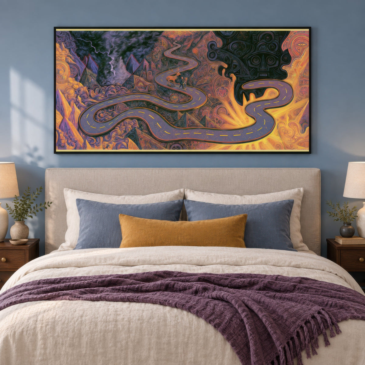 Deer on the Mountain Road psychedelic wall art in a bedroom