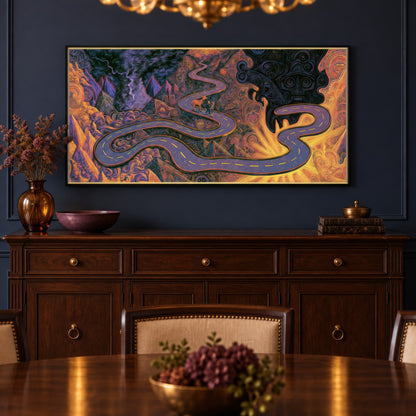 Deer on the Mountain Road psychedelic wall art in a dining room