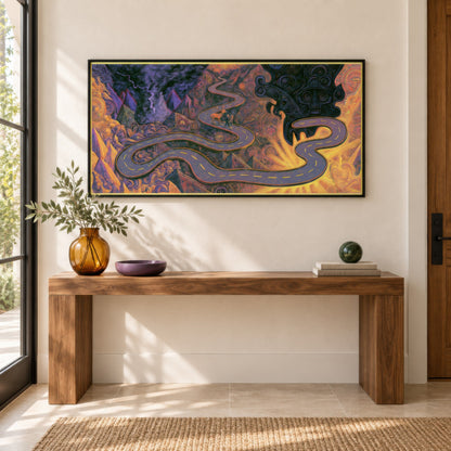 Deer on the Mountain Road psychedelic wall art in an entryway