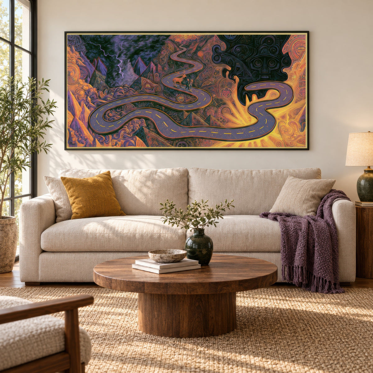 Deer on the Mountain Road psychedelic wall art in a living room