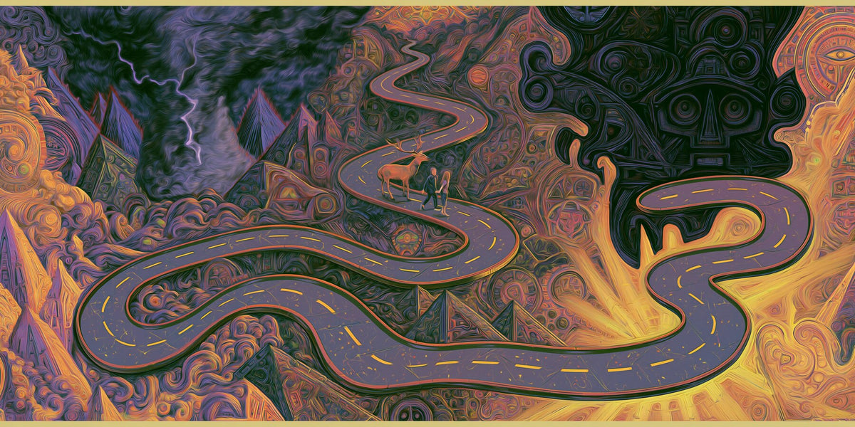 Deer on the Mountain Road wall art print staged in a room