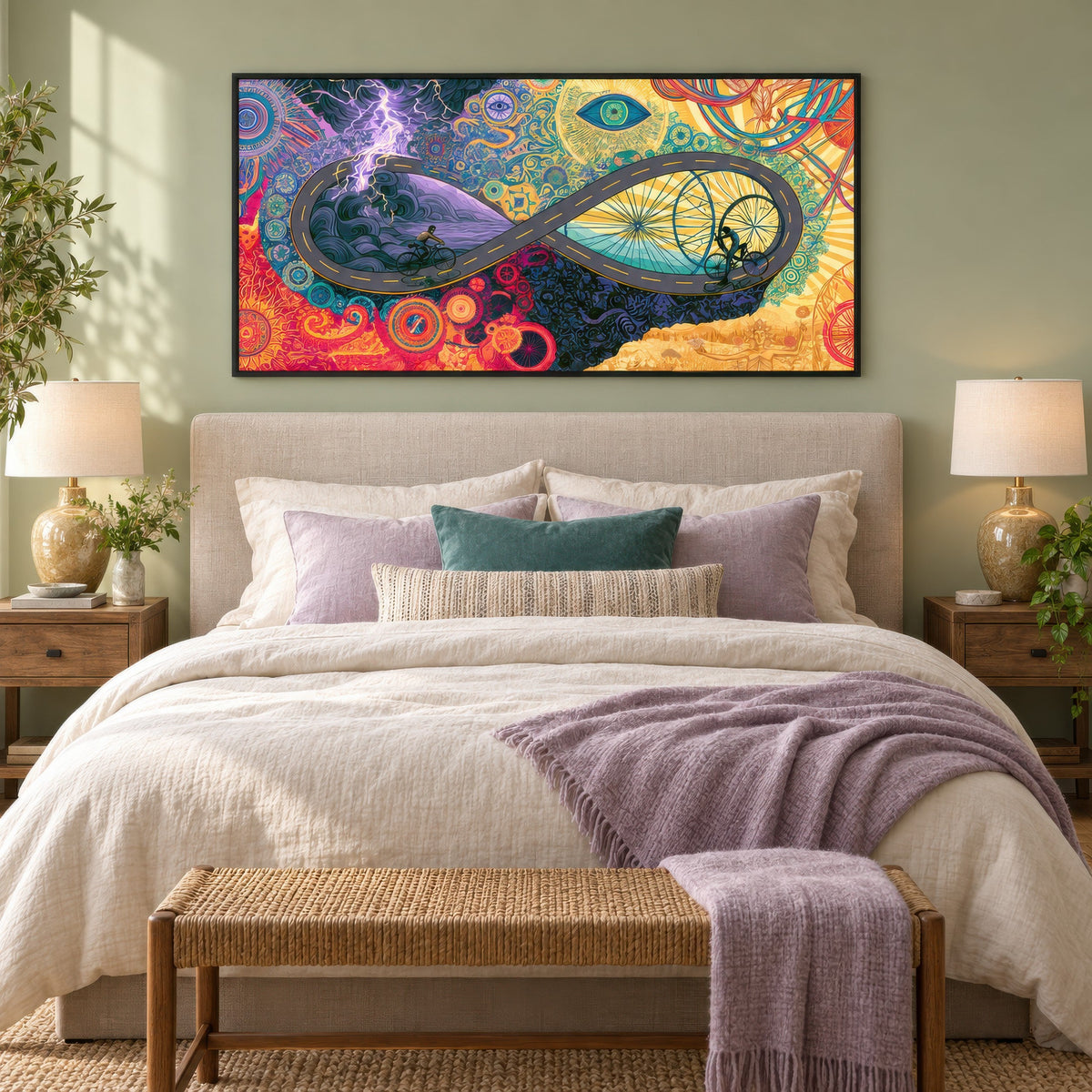 Cyclists of the Infinite Road psychedelic wall art in a bedroom