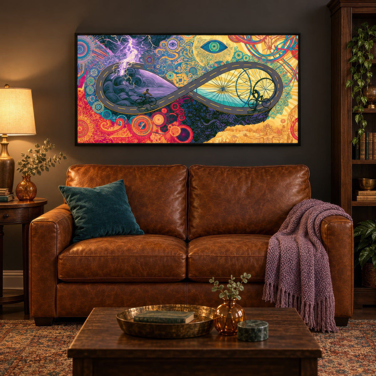 Cyclists of the Infinite Road psychedelic wall art in a den