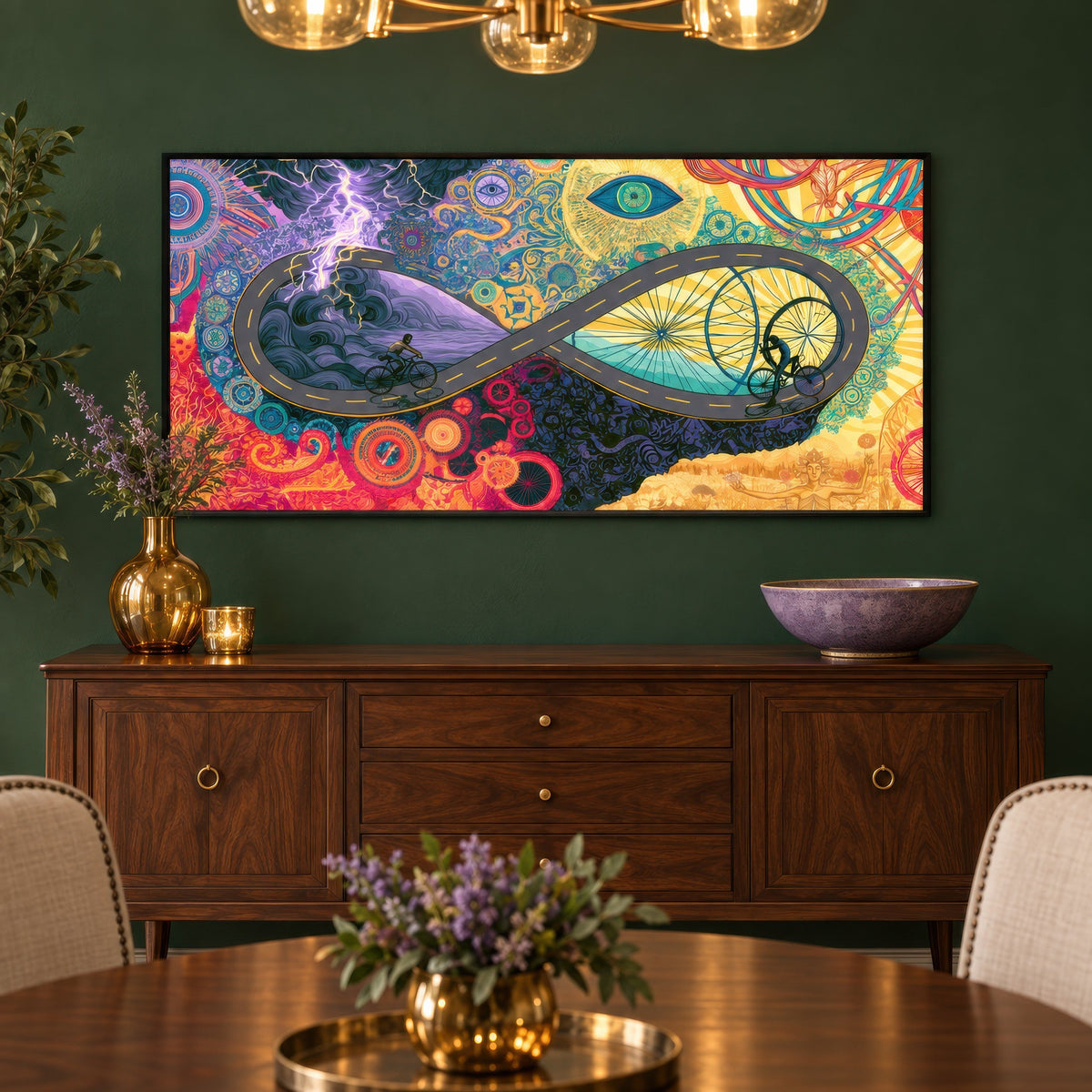 Cyclists of the Infinite Road psychedelic wall art in a dining room