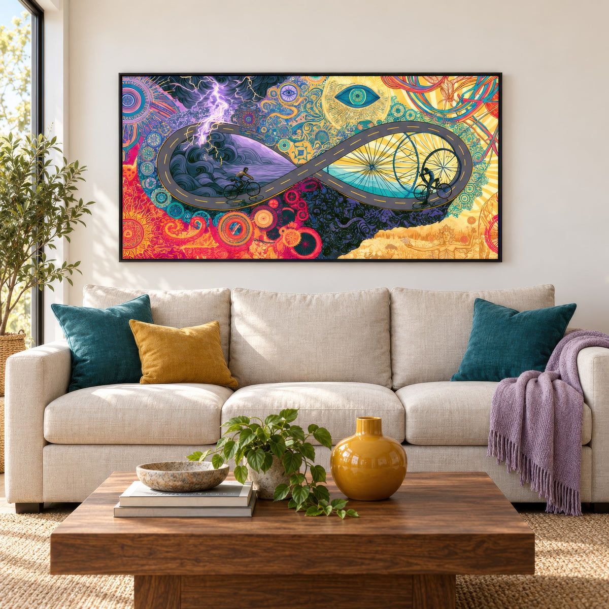 Cyclists of the Infinite Road psychedelic wall art in a living room