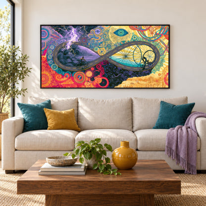 Cyclists of the Infinite Road psychedelic wall art in a living room