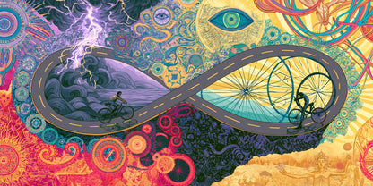 Cyclists of the Infinite Road wall art print staged in a room