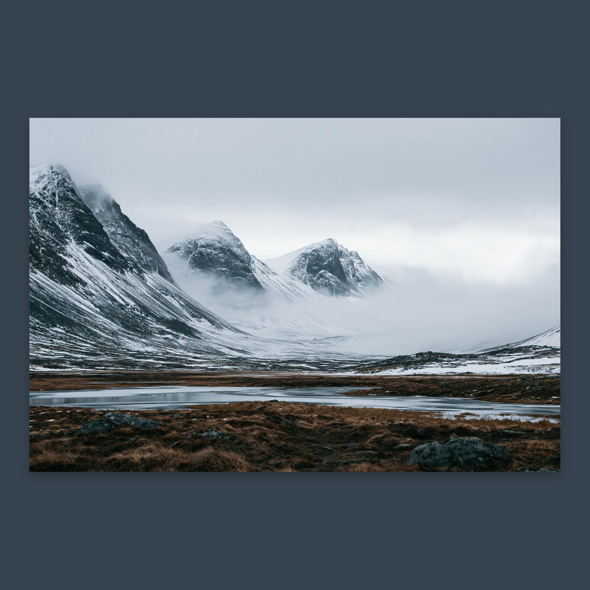 Foggy Snow-Covered Mountain Valley flat lay