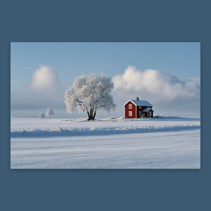 Red Farmhouse and Frosted Tree in Snow flat lay