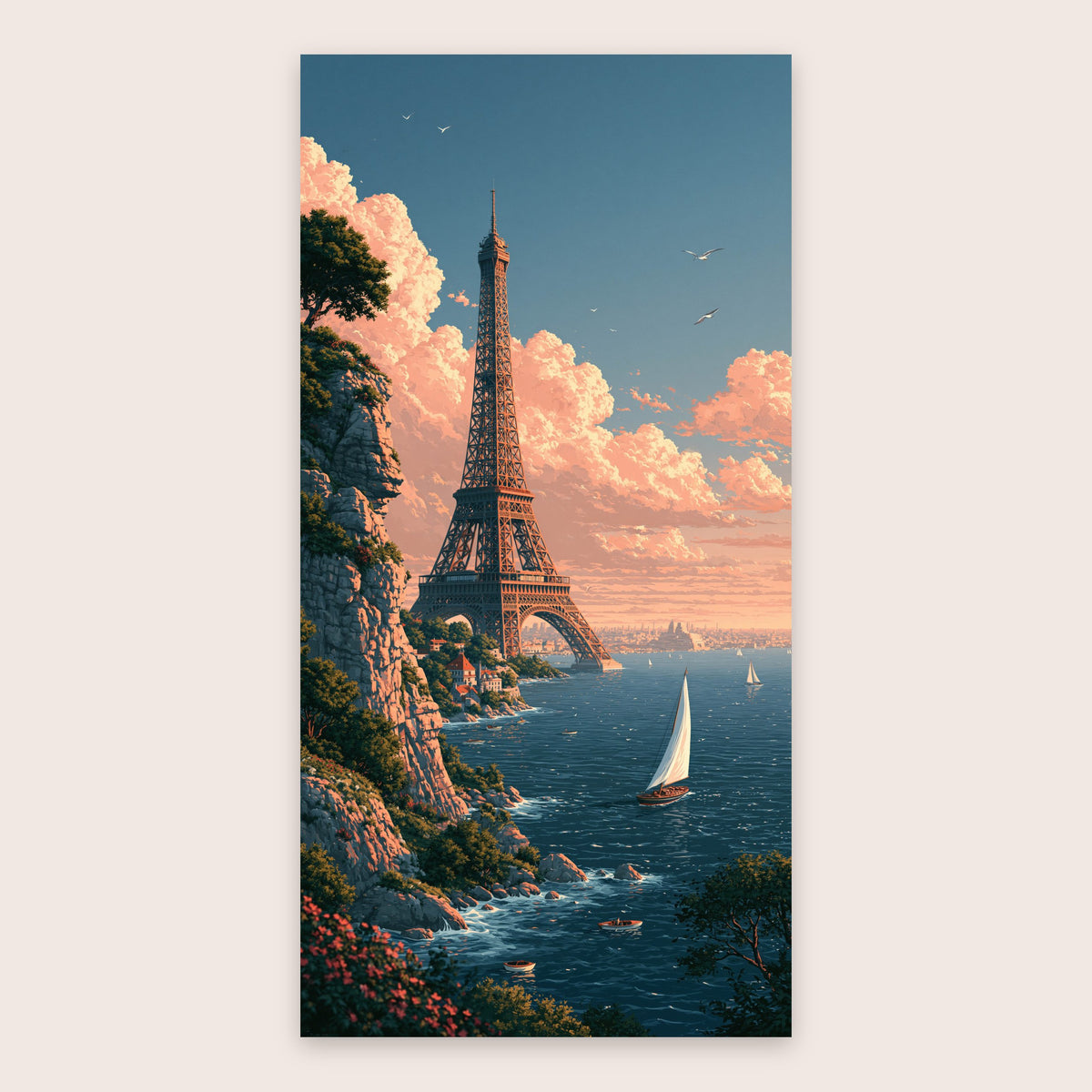 Eiffel Tower Sea Cliff Illustration flat lay