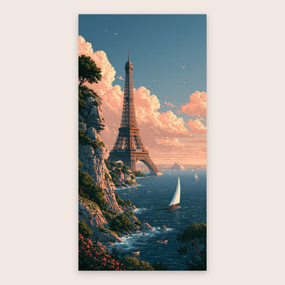 Eiffel Tower Sea Cliff Illustration flat lay