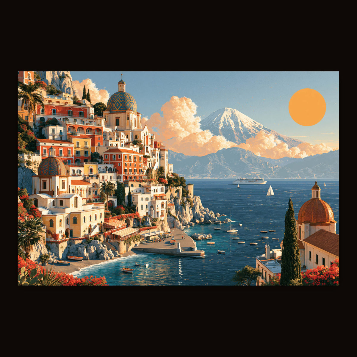 Cliffside Village Above a Blue Harbor flat lay
