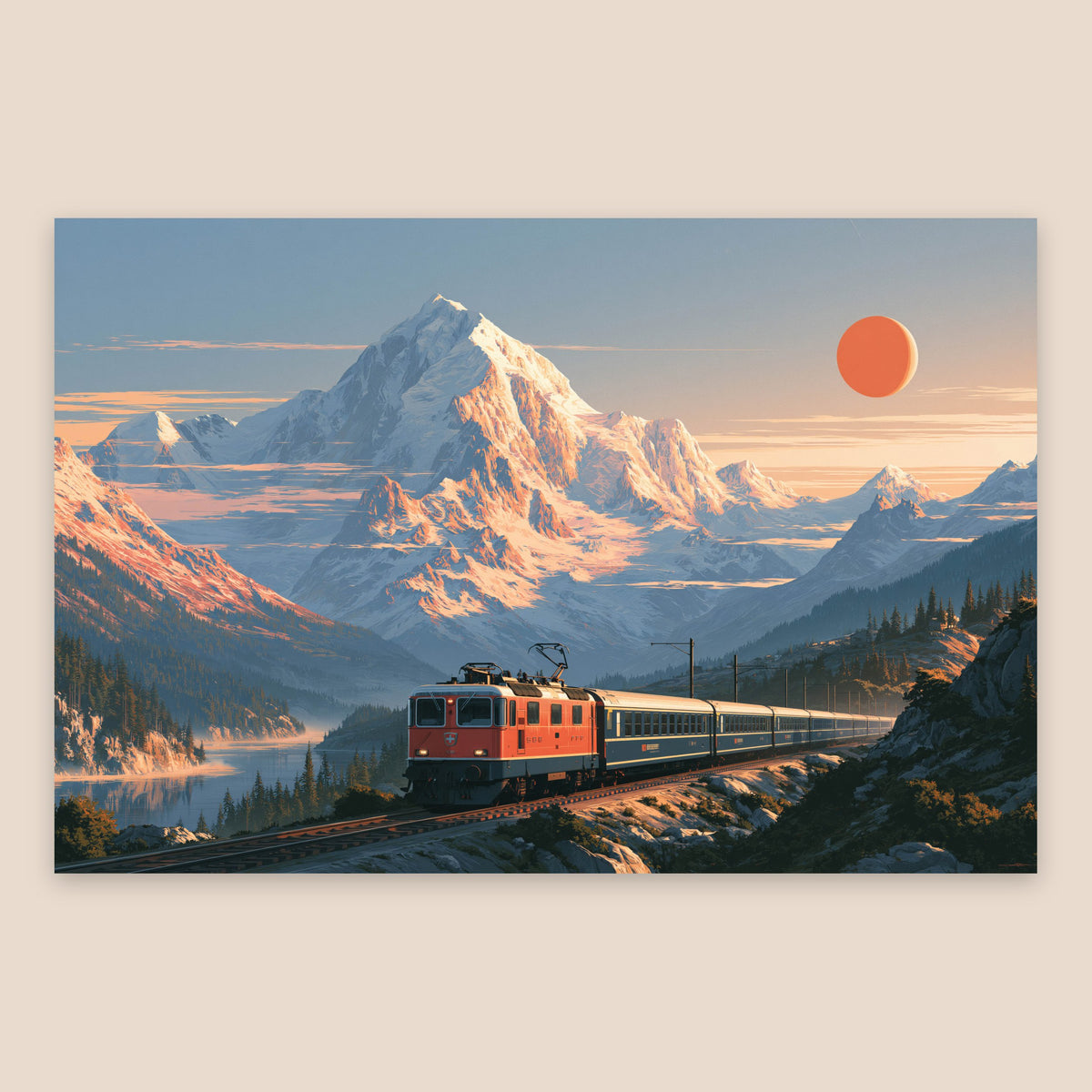 Alpine Train Mountain Illustration flat lay
